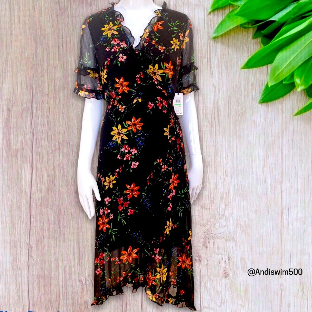 Kensie Black Floral Hi-Lo Ruffle Dress; 8